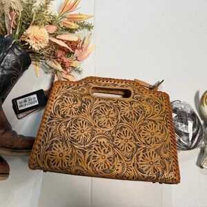 American Darling Tan Floral Leather Clutch